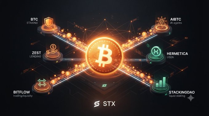 The image illustrates the Stacks (STX) ecosystem, showing a central Bitcoin symbol connected to various DeFi components including BTC Staking, AIBTC AI agents, Zest Lending, Hermetica USDh, Bitflow trading/liquidity, and StackingDAO liquid staking—visually reinforcing the post's message about building financial rails on Bitcoin's native economy.