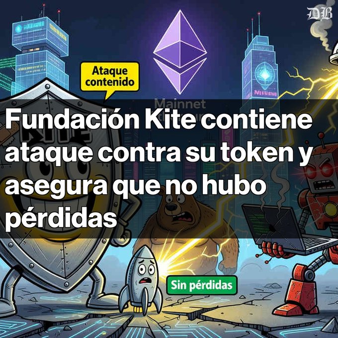 A cartoon-style graphic with Spanish text reading 'Fundación Kite contiene ataque contra su token y asegura que no hubo pérdidas', featuring cartoon characters and the Ethereum logo, with speech bubbles saying 'Ataque contenido' and 'Sin pérdidas'.