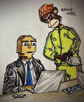 A hand-drawn illustration shows a pixelated block-headed figure in a suit working on a laptop next to a cartoon character in a green tracksuit, signed by the artist.