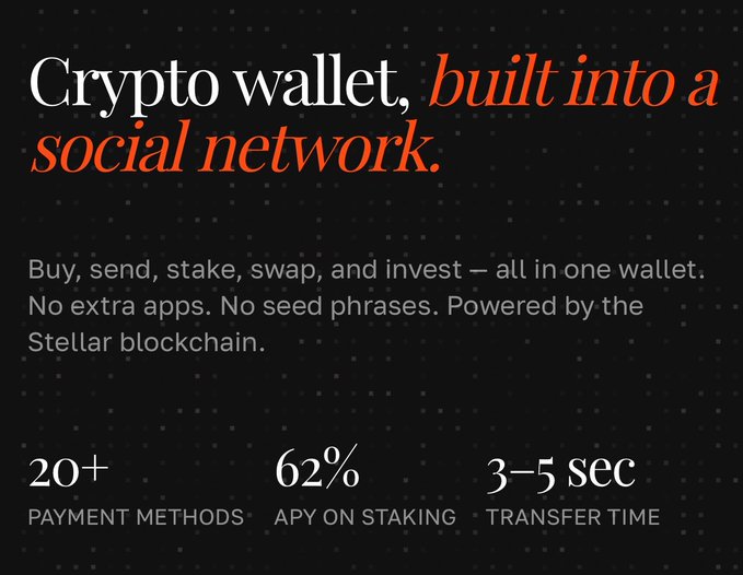The image is a promotional graphic featuring the headline "Crypto wallet, built into a social network," with text describing a wallet service that allows users to "Buy, send, stake, swap, and invest — all in one wallet. No extra apps. No seed phrases. Powered by the Stellar blockchain." Key stats shown include "20+ PAYMENT METHODS," "62% APY ON STAKING," and "3–5 sec TRANSFER TIME."

The image relates to the accompanying post about Stargate's multichain ecosystem and the broader crypto/blockchain landscape by showcasing how user-friendly, integrated crypto wallet solutions are evolving—echoing the post's theme of making cross-chain transactions more seamless and accessible through innovations like native USDC transfers on Arbitrum.