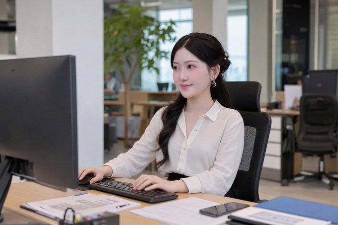 A young woman with dark hair wearing a white blouse and small hoop earrings sits at an office desk, typing on a keyboard in front of a Dell monitor with documents and a smartphone nearby.