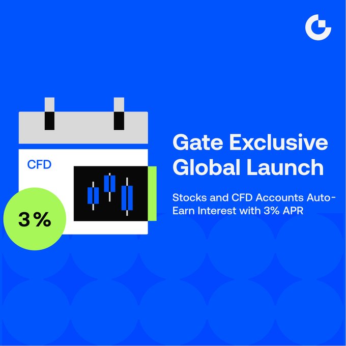 A blue promotional graphic for Gate.io advertising a 'Gate Exclusive Global Launch' offering 3% APR auto-earn interest on Stocks and CFD accounts.