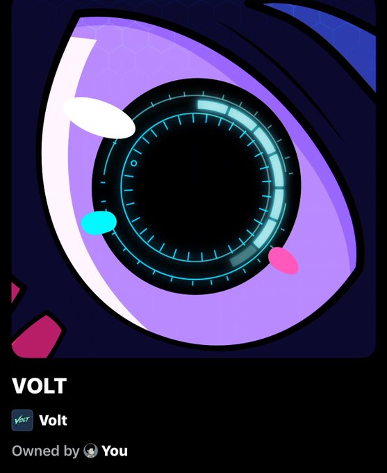 A digital collectible NFT called "VOLT" featuring a stylized purple and blue robotic eye design, owned by the user on what appears to be a marketplace platform.