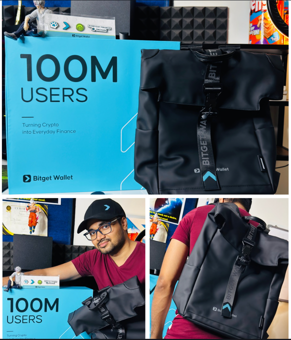 A collage celebrating Bitget Wallet's milestone of reaching 100 million users, showing branded merchandise (a black backpack and cap) alongside a "100M USERS" promotional poster with the tagline "Turning Crypto into Everyday Finance." The image ties directly to the caption by showcasing the celebration moment and branded gear shared among the team behind this achievement.