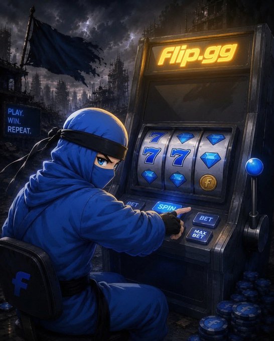 Digital artwork of a hooded ninja character in blue playing a slot machine labeled "Flip.gg" with the text "PLAY. WIN. REPEAT." visible on the left.