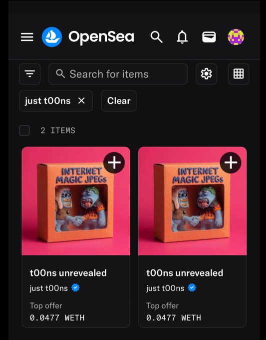 OpenSea NFT marketplace showing search results for 'just t00ns' with 2 items listed as 't00ns unrevealed' by verified creator, both with top offer of 0.0477 WETH.