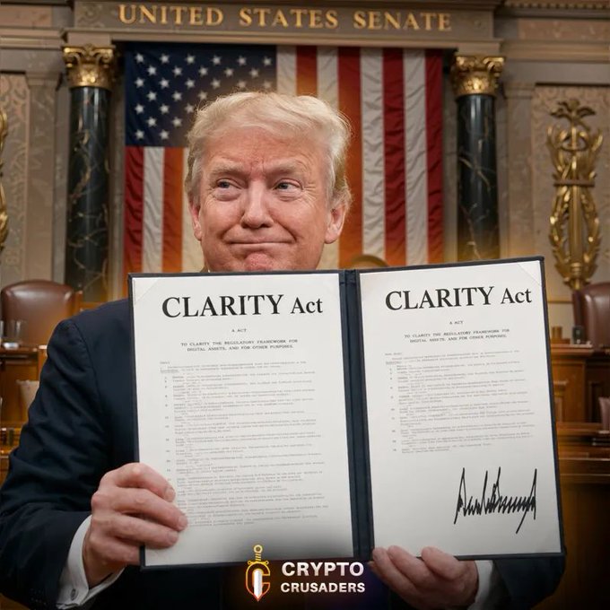 The image features a man dressed in a suit holding two documents, one of which is titled "CLARITY ACT". The man appears to be posing for the camera with these papers in his hands. The caption below the image reads "THIS IS BIG!! President Trump is expected to sign the CLARITY Act", indicating that this event might have significant implications or importance.