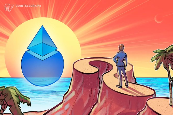 The Cointelegraph-illustrated image features a man in a suit standing on a cliff overlooking the ocean at sunset, gazing at a large Ethereum (ETH) logo rising from the water, symbolizing long-term vision and strategic foresight in crypto. This visual metaphor aligns with the post's theme of "smart money" analyzing infrastructure rather than chasing trends, with the Ethereum symbol representing foundational protocols like $LDO that are transforming the staking landscape.