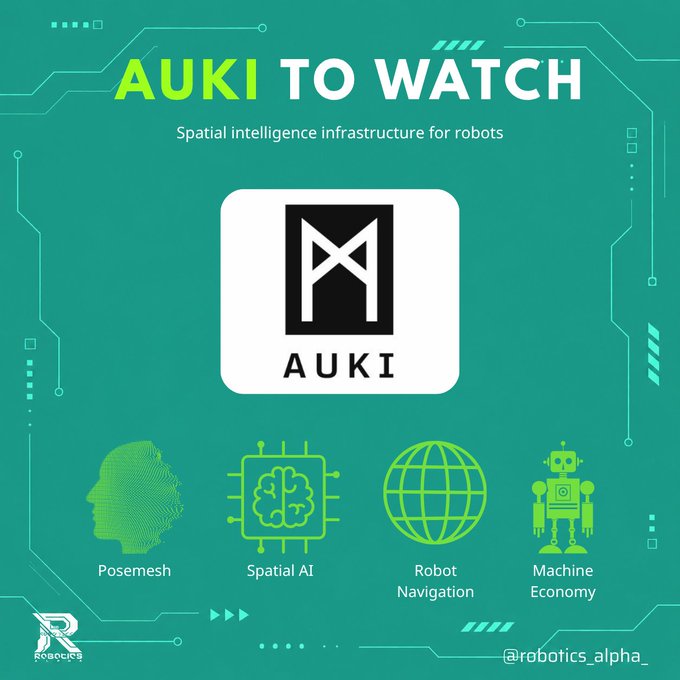A graphic titled "AUKI TO WATCH" promotes the project with the tagline "Spatial intelligence infrastructure for robots," highlighting four key features: Posemesh, Spatial AI, Robot Navigation, and Machine Economy, all centered around its bold black-and-white logo. The image visually reinforces the post's message that $AUKI is positioning itself as critical robotics infrastructure, focusing on the spatial layer rather than the robots themselves.