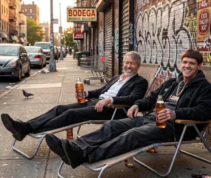 Two men are shown relaxing in lawn chairs on a city sidewalk, drinking beer in front of a 'BODEGA' storefront with graffiti-covered walls.