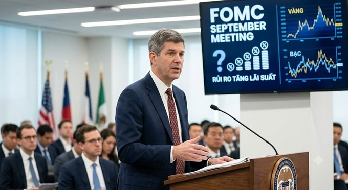 A man in a suit speaks at a podium during the "FOMC SEPTEMBER MEETING" with a screen displaying "RỦI RO TĂNG LÃI SUẤT" alongside stock charts for VÀNG (gold) and BAC.