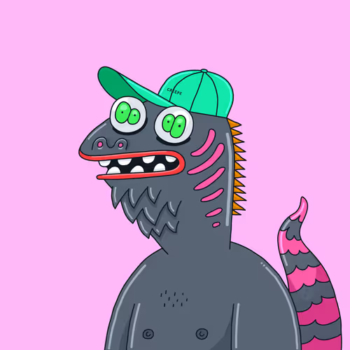 A cartoon illustration of a gray Godzilla-like monster character wearing a green cap with 'CAPERS' text, featuring pink belly stripes and green button eyes against a pink background.