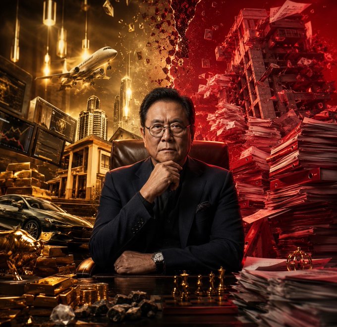 Robert Kiyosaki sits contemplatively at a desk surrounded by stacks of cash, gold bars, and luxury items like a private jet and sports car on one side, while a crumbling building and towering pile of paperwork symbolize his reported $1.2 billion debt on the other, illustrating the "Rich Dad Poor Dad" author's stark "Poor balance sheet."