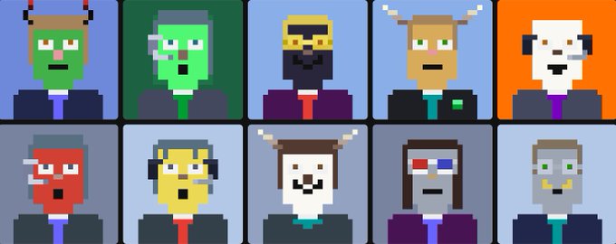 A pixel-art style grid displaying ten diverse character portraits, each featuring different skin tones, hair styles, facial hair, and colored shirts and ties.