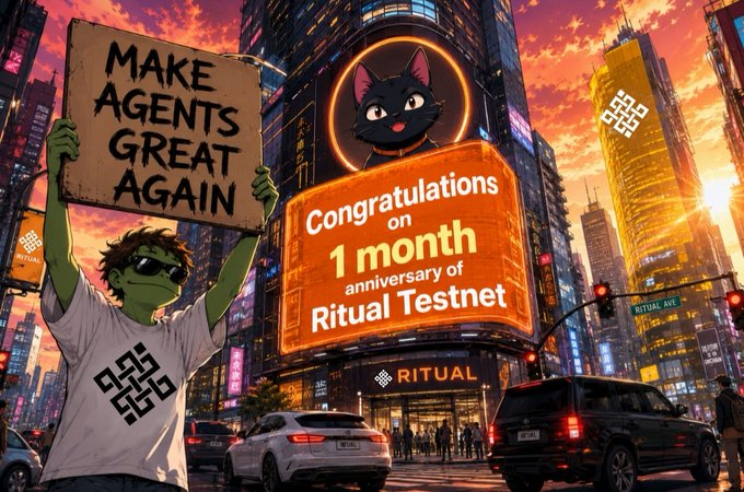 The image features an animated scene set in a city with tall buildings at night. A man wearing sunglasses holds up a sign that reads "Make agents great again", celebrating the one-year anniversary of their testnet. The background includes a large billboard displaying a cat and the text "Congratulations on 1 month anniversary of @ritual Testnet!". This suggests that the image is promoting an event or celebration related to the growth and success of the testnet, possibly involving the creation of new agents and the expansion of the network's reach in the city.