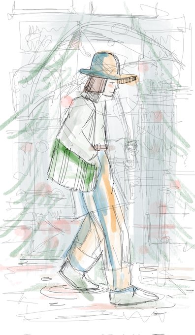 A loose, sketch-style illustration of a person wearing a hat and loose clothing walking, rendered in pencil and watercolor with green, blue, and orange accents and abstract scribbled background elements.