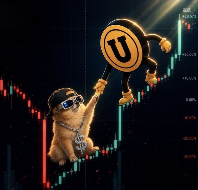 A stylized illustration featuring a small dog wearing sunglasses, a backward cap, and a dollar sign necklace, shaking hands with an anthropomorphic Unicoin token character against a backdrop of green and red candlestick charts with a '+28.67%' high price indicator.