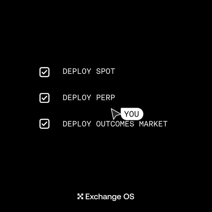 The image shows a black background with white text, which reads "Exchange OS" at the top of the screen. Below this, there are three boxes containing information about deploying a new operating system or upgrading an existing one. The first box contains instructions on deploying a spot, while the second and third boxes provide details on deploying perps and deploying outcomes in one account. Additionally, there is a small image of a mouse pointing to "You" within the text.