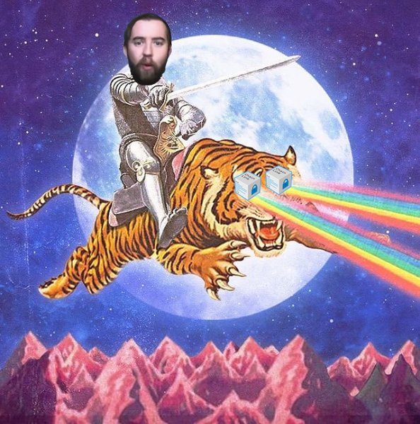 Surreal artwork parodying a classic space battle scene, showing a knight riding a tiger shooting rainbow lasers from its eyes against a full moon backdrop.