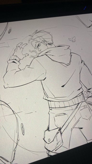 A black and white digital line art sketch of a male character wearing a hoodie, glasses, and a utility belt with a pouch, captured from a slightly angled perspective on a drawing tablet screen.