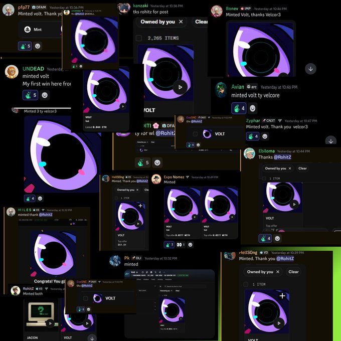 Collage of Twitter/X screenshots showing multiple users sharing their 'VOLT' NFT collections and mint confirmations, with usernames like 'pfpf7', 'UNDEAD', 'Avian', and 'kelleiSong' visible.
