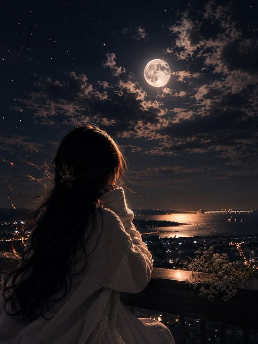 An AI-generated image of a girl with long dark hair looking at a full moon from a high vantage point overlooking a coastal city at night.