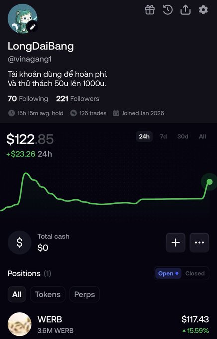 A screenshot of the "LongDaiBang" (@vinagang1) trading profile shows a portfolio value of $122.85 (+$23.26 in 24h) with one open position: 3.6M WERB worth $117.43 (+15.59%), reflecting the user's continued challenge to grow the account from a $50 deposit to $1,000 by trading memecoins like WERB.