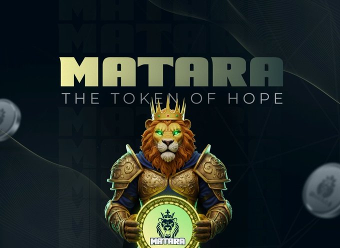 The image features a lion character wearing a golden crown, holding a gold coin with a green gemstone at its center. The background of the image is black, which contrasts with the golden lion and the coin. In the bottom right corner of the image, there's text that reads "MARS - The token of hope". This suggests that the image might be related to a gaming or promotional context for a virtual currency called Matara.