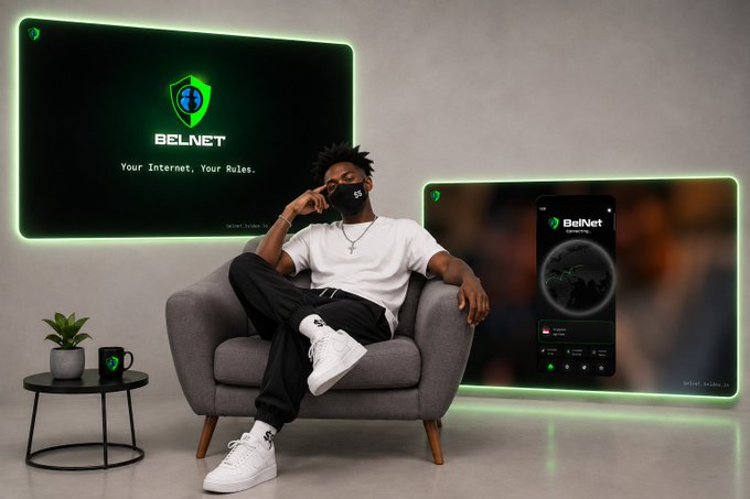 Promotional image for BelNet VPN ('Your Internet, Your Rules') showing a masked man in a chair between two screens displaying the BelNet shield logo, with a phone showing the BelNet app interface.