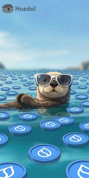 An illustration of an otter wearing sunglasses floating in water filled with SUI cryptocurrency tokens, with the "Haedal" logo at the top.