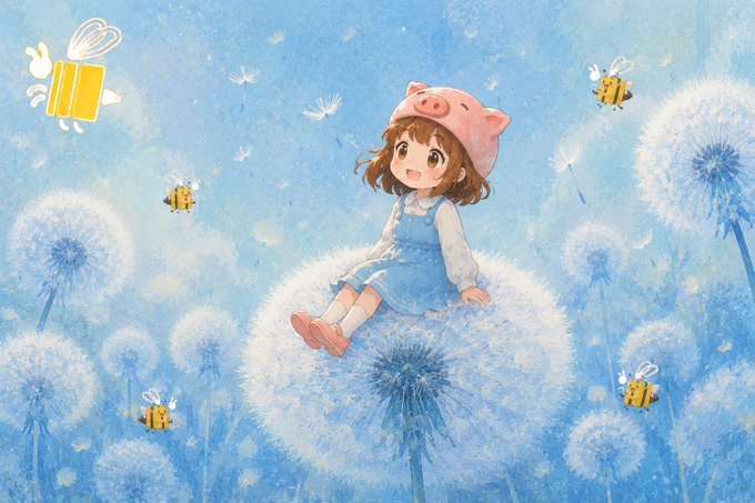 The image features a girl sitting on top of a dandelion, wearing a pink hat with a pig design. The background shows a blue sky filled with white clouds, as well as numerous bees flying around her. There are also several other dandelions scattered throughout the scene. The overall atmosphere is whimsical and playful, with the girl enjoying her time on top of the flowery plant.