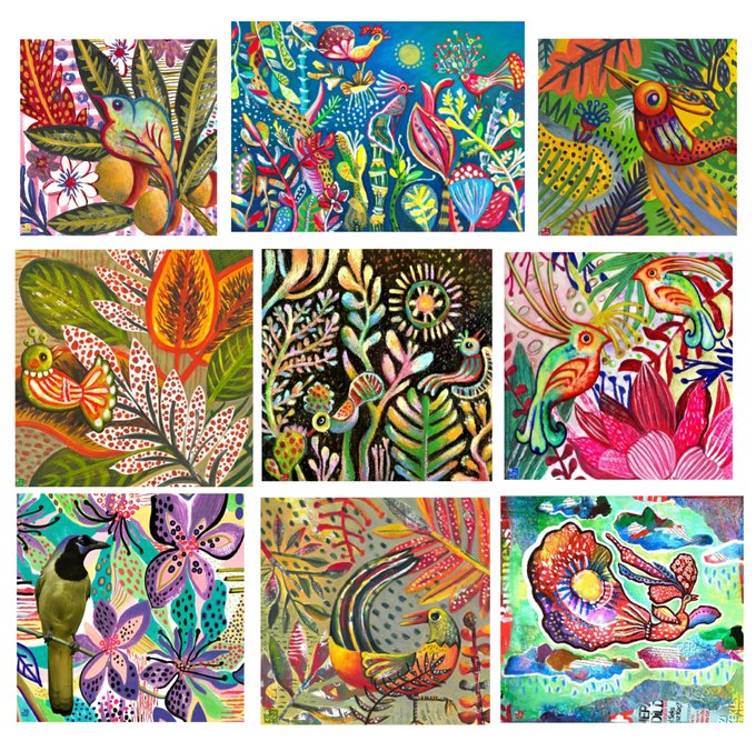 The image features a collection of nine colorful paintings, each depicting different types of birds and plants. The paintings are arranged in a grid format with three rows and three columns, showcasing various styles and techniques used by the artists. The vibrant colors and intricate details of the artwork make it an engaging visual experience for viewers.