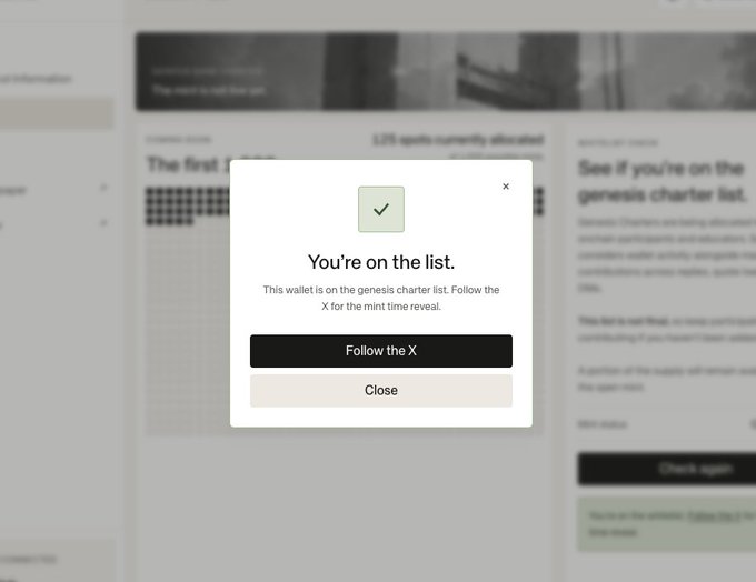 A popup notification confirms "You're on the list," displaying the message "This wallet is on the genesis charter list. Follow the X for the mint time reveal," with options to "Follow the X" or "Close." The image relates to the post by showcasing a successful whitelist (WL) acquisition for @standard_rsv, as the user mentions getting their spot through direct engagement.