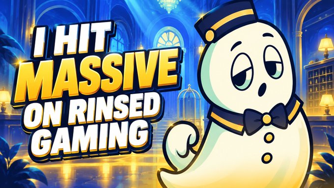 A cartoon ghost wearing a bellhop hat and bow tie stands beside bold yellow text reading "I HIT MASSIVE ON RINSED GAMING," set against an elegant blue hotel lobby backdrop, promoting a $50 stake giveaway with entry requirements to RT, follow, like, comment, and subscribe on the associated YouTube video.