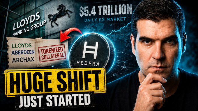 A YouTube thumbnail featuring a serious-looking man alongside graphics about "Lloyds Banking Group" and "$5.4 TRILLION DAILY FX MARKET," with text reading "HUGE SHIFT JUST STARTED" and the Hedera logo.