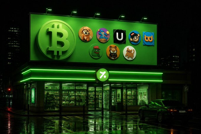 A neon-lit green storefront at night features a large Bitcoin logo alongside various meme coin icons (including recognizable faces like Pepe and dog-themed characters), symbolizing the speculative crypto market, with a car parked outside on a wet street—visually representing the "Bitcoin surge" and the array of meme tokens ($DOG, $MIM, $UNCOM, $PUPS, $BDC, $PEPE, $LOBO, $GIZMO) poised to ride BTC's momentum.