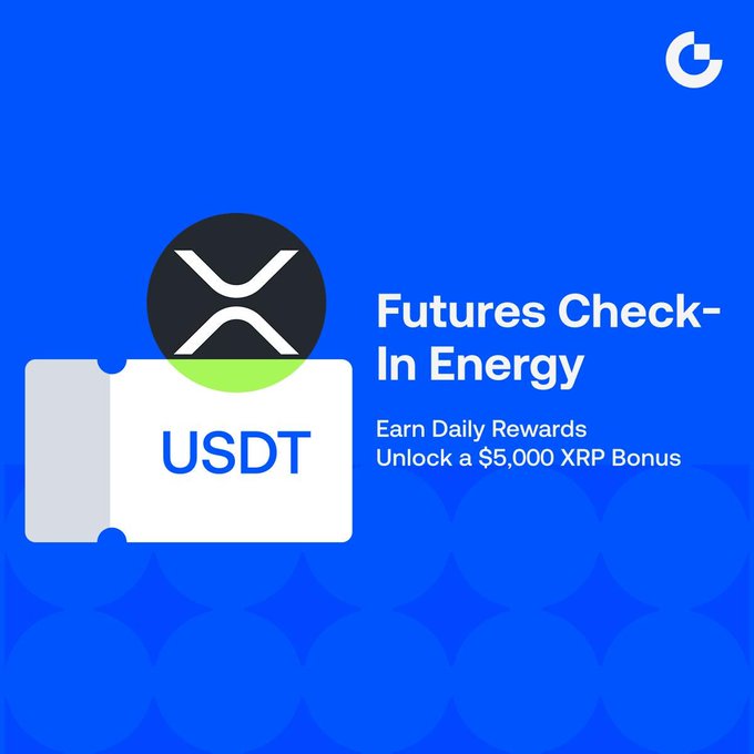 A promotional graphic with a blue background featuring the XRP logo, the text 'USDT', and the phrase 'Futures Check-In Energy' alongside 'Earn Daily Rewards Unlock a $5,000 XRP Bonus'.