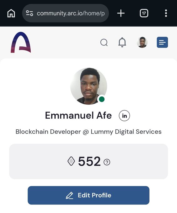 The image shows a phone screen displaying a profile page of an architect named Emmanuel Afe, with a total of 500 points applied for the role of Architect. The post also mentions that the application has been edited and is ready to be posted on social media platforms like Twitter or Instagram.