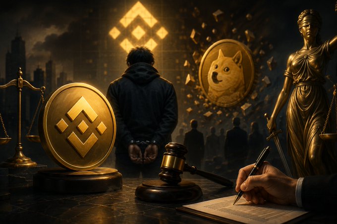 The image depicts a hooded figure in handcuffs standing before a glowing Binance logo, with golden BNB and Dogecoin-inspired memecoin tokens, a judge's gavel, scales of justice, and Lady Justice in the background, illustrating BNB Chain's lawsuit against a former employee for exploiting a tutorial wallet to mint and profit from the "ASTEROID" memecoin.
