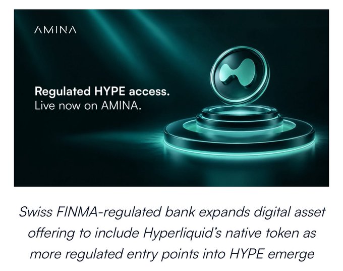 The image is a promotional graphic from AMINA Bank featuring their logo, the text "Regulated HYPE access. Live now on AMINA.," and a glowing teal orb on a circular pedestal, announcing the Swiss FINMA-regulated bank's expansion of digital asset services to include Hyperliquid's (HYPE) native token. This visually supports the accompanying post about HYPE officially entering the Swiss licensed banking system through AMINA Bank's 24/7 trading and custody services for institutional investors.