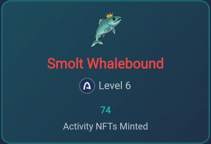 A digital achievement card featuring a crowned fish mascot labeled "Smolt Whalebound" displays "Level 6" with "74 Activity NFTs Minted," visually representing the user's testnet progress and on-chain participation milestone mentioned in their evening update.