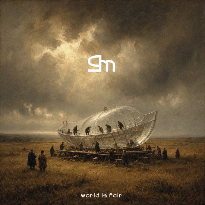 A surreal painting shows workers building a transparent boat-shaped structure in a field, with a logo and the text 'world is fair' overlaid.