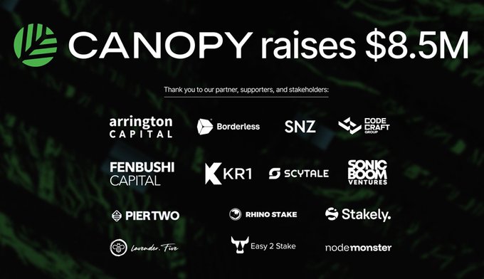 A dark-themed announcement graphic reading 'CANOPY raises $8.5M' with logos of partner investors including Arrington Capital, Borderless, SNZ, Fenbushi Capital, KR1, Scvtale, Sonic Boom Ventures, Piertwo, Rhino Stake, Stakely, Lavender.Five, Easy 2 Stake, and node monster.