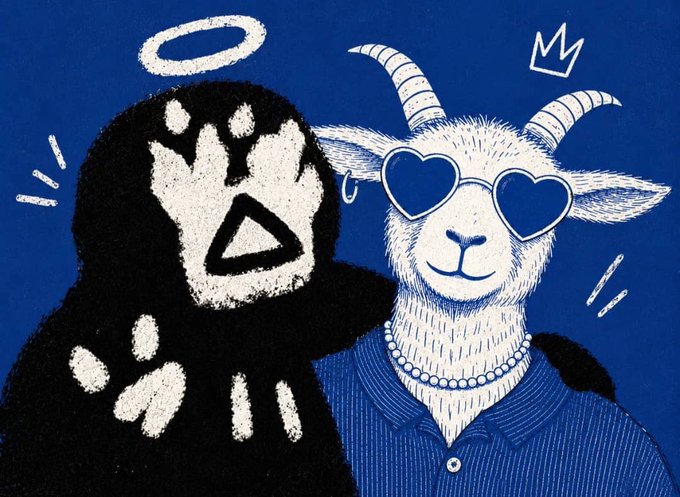 Two stylized goat characters pose together against a deep blue background—the left one rendered as a black figure with a halo and an open-mouthed expression of shock, while the right one wears heart-shaped sunglasses, a pearl necklace, and a button-up shirt with a small crown floating above. The whimsical, cartoonish illustration visually represents the partnership announcement between ZERION and AGNT SOCIAL, with the contrasting "good cop / bad cop" dynamic of the two goats playfully symbolizing the collaboration.
