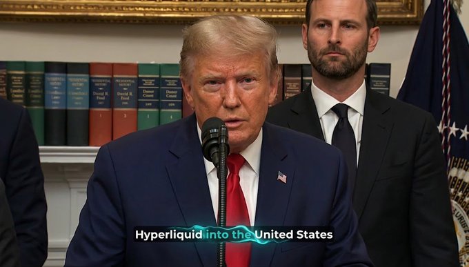 In this image, Donald Trump is seen speaking at a podium, with text overlayed that reads "Hyperliquid into the United States". This visual directly supports the accompanying post claiming he mentioned @HyperliquidX at the White House.