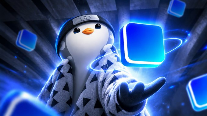 The image shows a 3D-rendered penguin mascot wearing a headband and patterned robe, holding up a glowing blue app icon, set against a dynamic blue background with floating app tiles. It serves as a promotional graphic for Base, aligning with the post's message inviting users to download the Base app and take advantage of the referral discount and trading rewards offer.