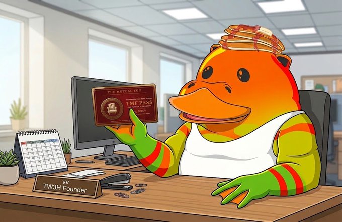 An illustration of an orange anthropomorphic duck or fish character wearing a white tank top, sitting at a desk with a nameplate reading "TW3H Founder" and holding a "TIME PASS" card.