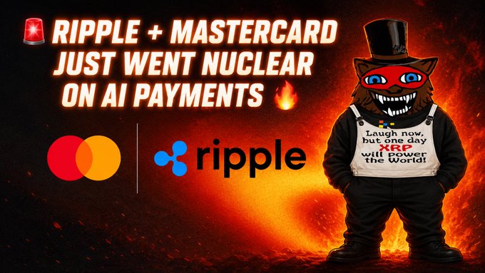 The image features a cartoon cat wearing a top hat standing next to a fire, with text that reads "RIPPLE + MASTERCARD just went nuclear on AI payments! Mastercard’s announcement: As AI agents begin to act, payments move into the background - at machine speed and massive scale. Today we're introducing Mastercard Agent Pay for Machines." The cat is wearing a top hat and standing in front of a fire, which adds an element of danger or excitement to the scene.