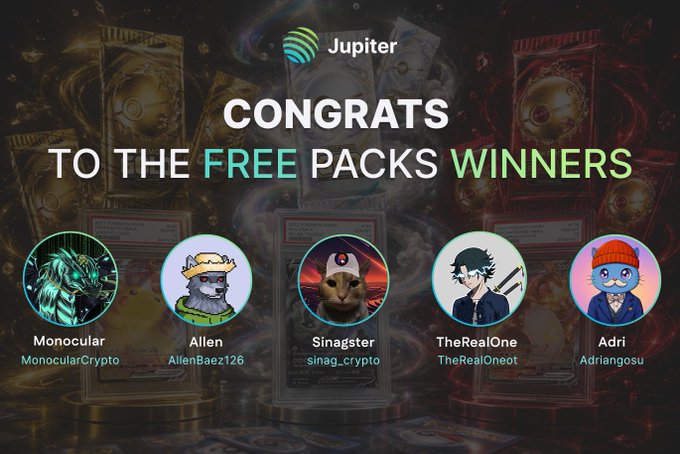 A promotional graphic from Jupiter announces "CONGRATS TO THE FREE PACKS WINNERS" and features five circular profile pictures of the winners: Monocular (MonocularCrypto), Allen (AllenBaez126), Sinagster (sinag_crypto), TheRealOne (TheRealOneot), and Adri (Adriangosu), set against a background of trading card packs. The image visually celebrates the winners mentioned in the accompanying post while promoting the upcoming Weekly Pull event.