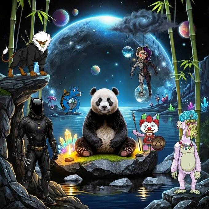 A surreal digital artwork featuring a meditating panda surrounded by various creatures including an astronaut monkey, a samurai warrior, and a zombie in a cosmic bamboo landscape.